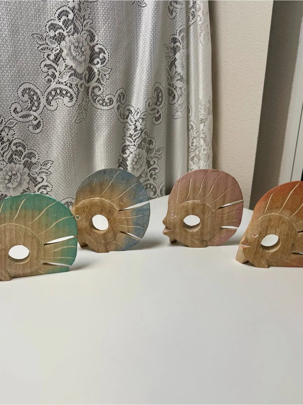 Vintage Hand Carved Wooden Fish Napkin Rings, Set of 4. Coastal Folk Art